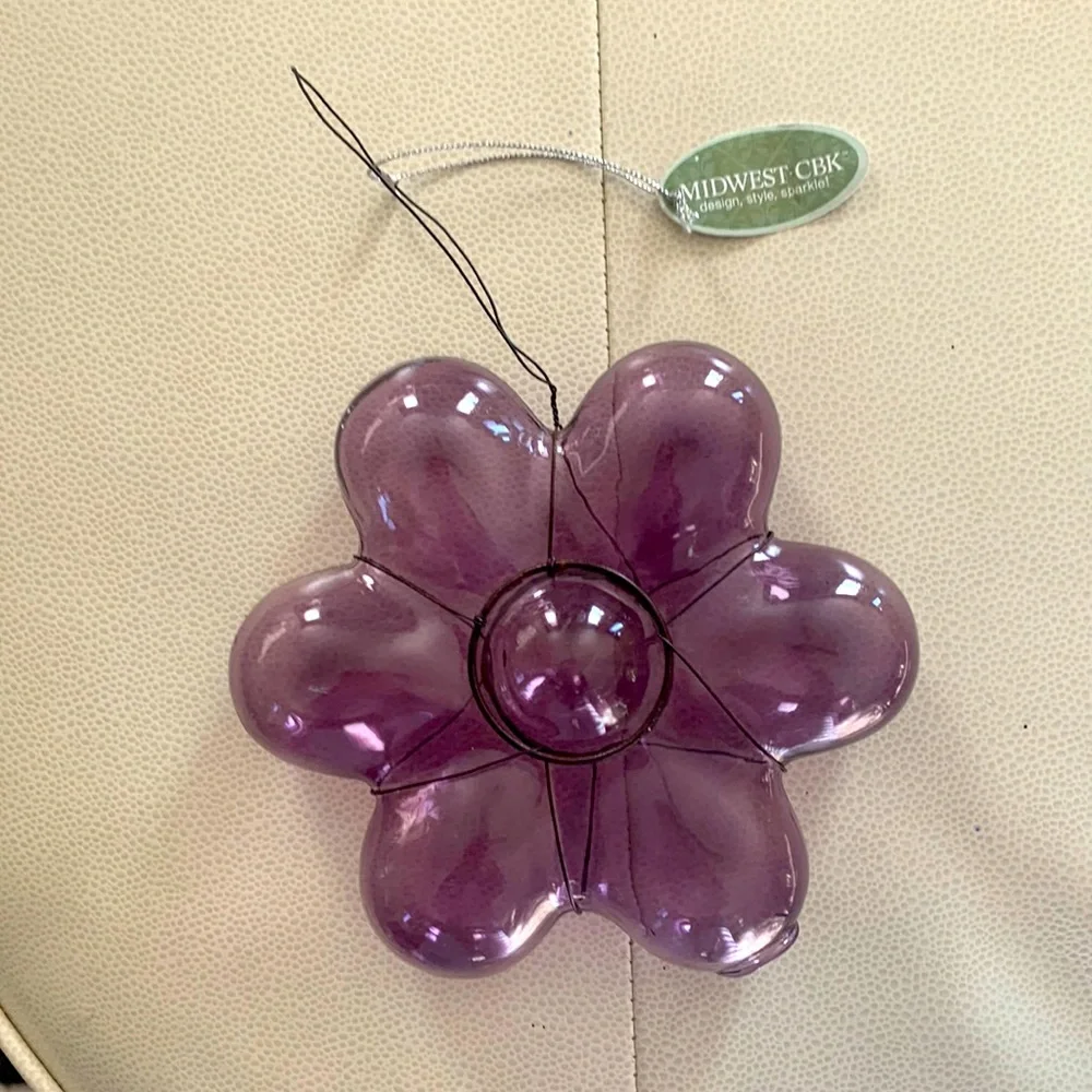 Glass Blown Ornament Purple NWT Vintage Design Style Sparkle Flower Christmas